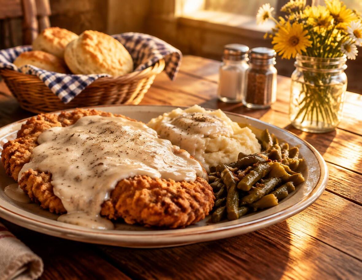 Chicken fried steak with biscuits